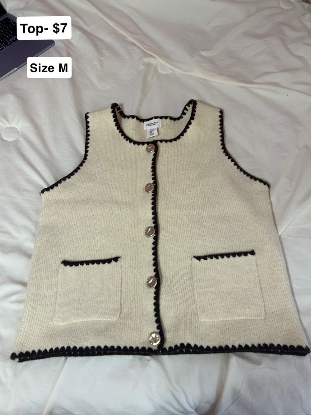 Cream Knit Sleeveless Button Vest with Black Trim